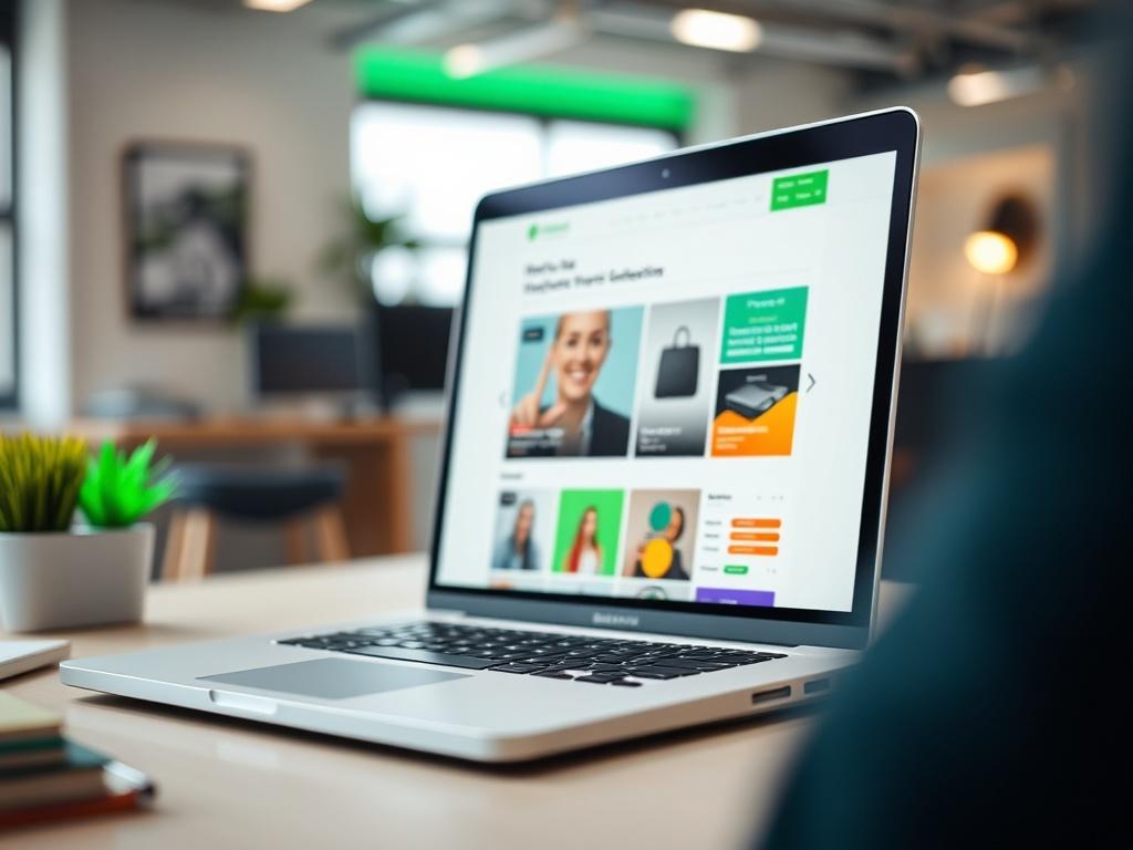 A close-up shot of a website update being conducted on a computer screen. The image features a focused view of a laptop with a clean design, displaying a vibrant product page being edited. The background is a soft, blurred office setting, emphasizing the task at hand. The overall color scheme reflects rgb(50, 170, 39), with green accents enhancing the modern and fresh feel of the image.