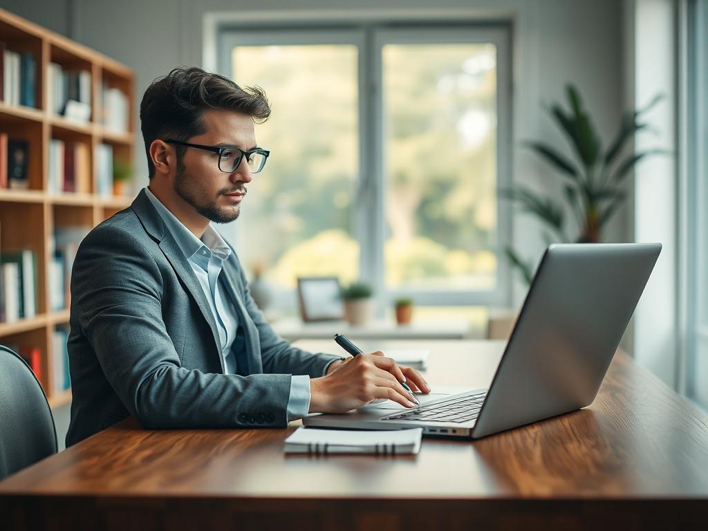 **AI Image Generation Prompt:**

Create a highly detailed, realistic high-resolution photo that embodies the theme of "The Importance of Fresh Content." The image should feature a close-up shot of a confident, professional-looking individual writing on a sleek laptop in a modern, well-lit office environment. The subject should be seated at a stylish wooden desk with a notebook and pen beside the laptop, conveying an atmosphere of creativity and productivity. 

The background should consist of soft, blurred elements such as bookshelves filled with business books and a window showing a sunny day outside, creating a sense of inspiration and clarity. The overall composition should be simple and clear, focusing solely on the individual engaged in the act of content creation. The color palette should feature vibrant greens that complement the RGB(50, 170, 39) primary color, enhancing the theme of freshness and renewal in content. 

This image should capture the essence of why regularly updating website content is essential for business growth and engagement, reflecting a proactive and dynamic approach to online presence.