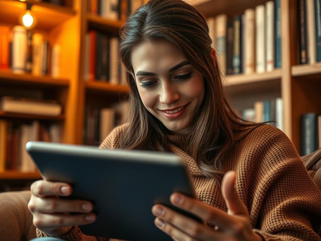 A close-up shot of a person reading a blog post on a tablet, with a look of interest and engagement. The background is a cozy reading nook with soft lighting and bookshelves, creating a warm and inviting atmosphere. The focus is on the person's expression of interest.