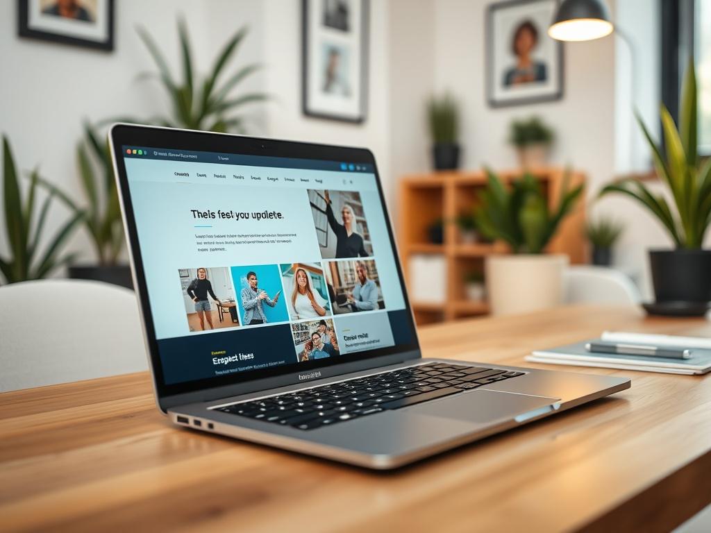 A close-up shot of a laptop on a desk, displaying a vibrant, updated website with engaging content. The background is softly blurred, showcasing a cozy, modern office environment with plants and stylish decor. The focus is on the screen, highlighting the freshness of the website.