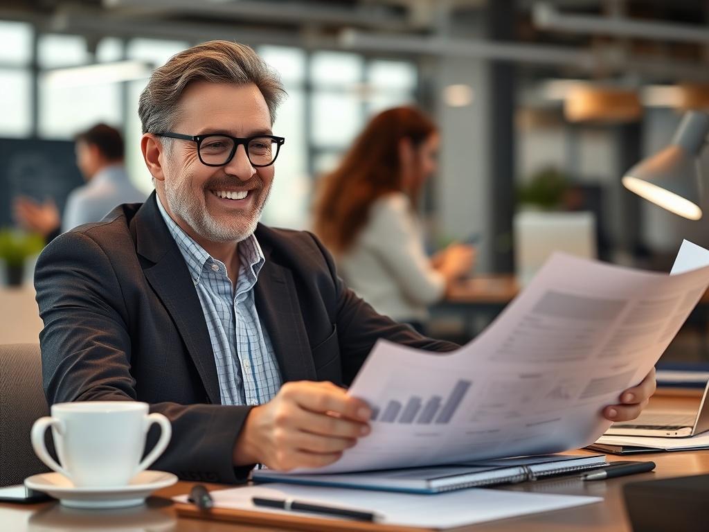 A close-up shot of a business owner smiling while reviewing reports at a desk, with a notepad and coffee cup nearby. The background shows a busy office environment, emphasizing productivity and focus. The owner appears relaxed and in control.