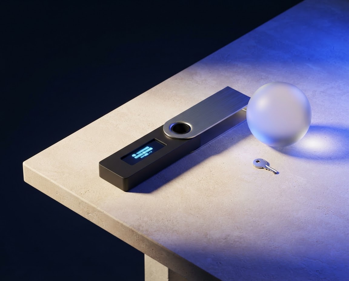 A hardware wallet resting on a calm stone surface