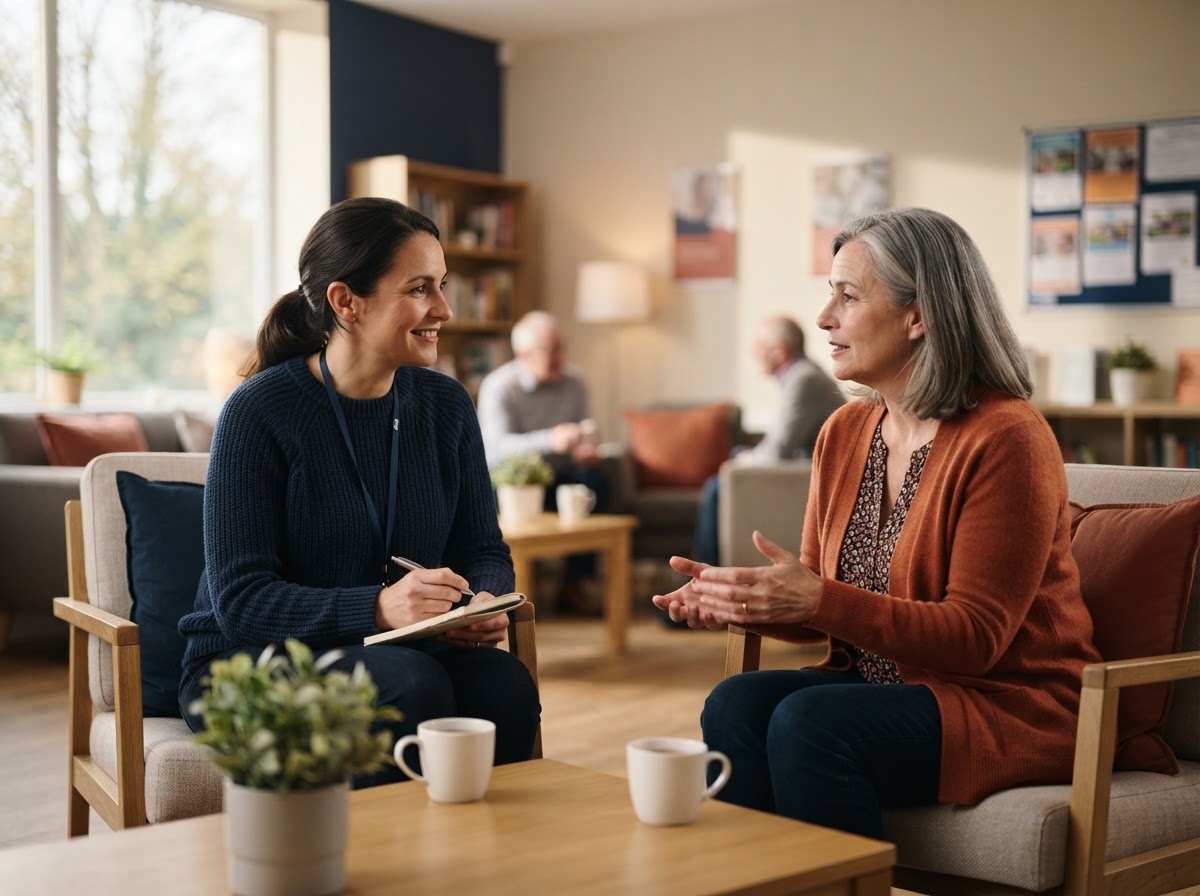 A support worker listening carefully to a person at a community centre