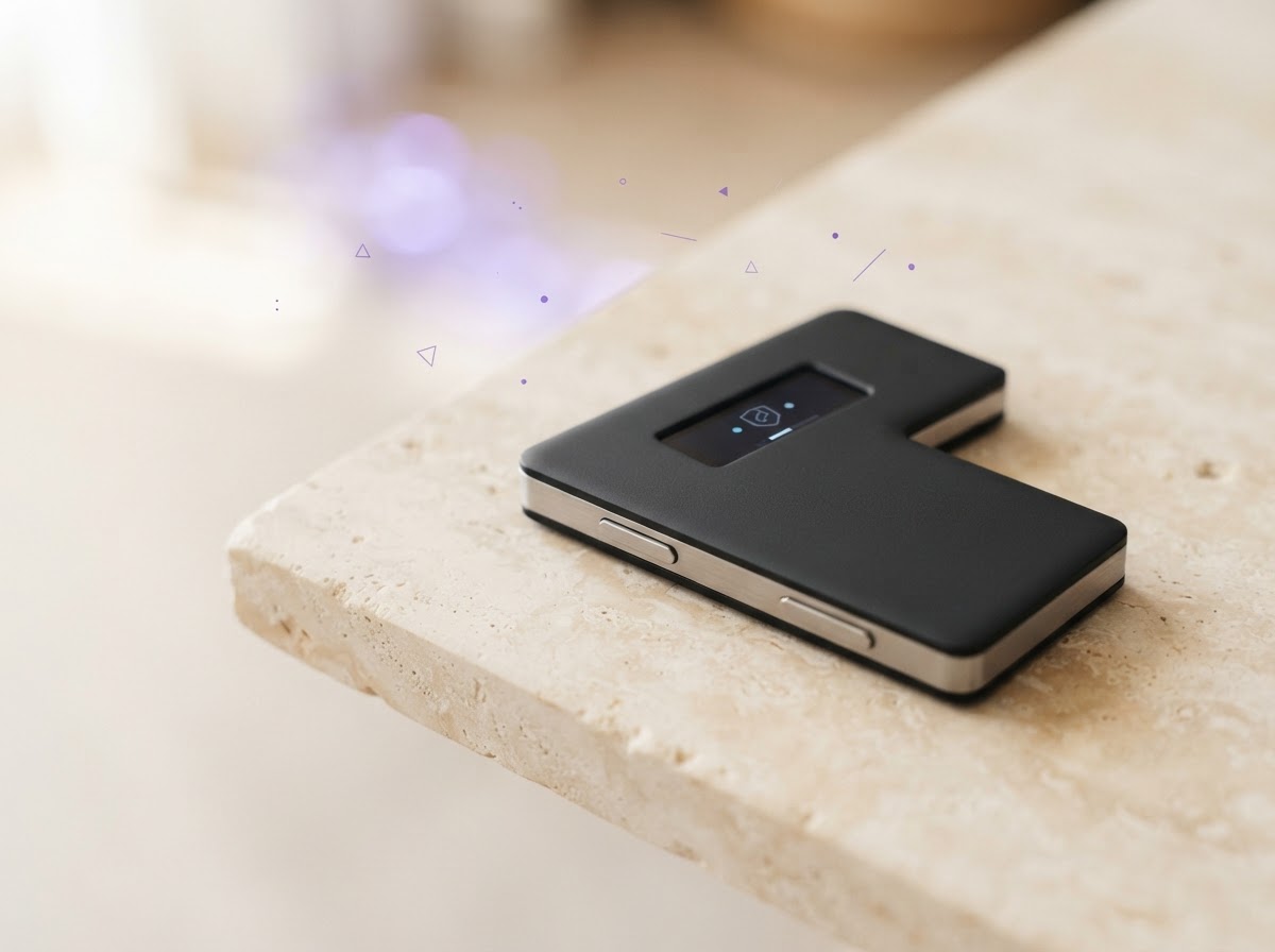 A Ledger-style hardware wallet on a softly lit stone surface