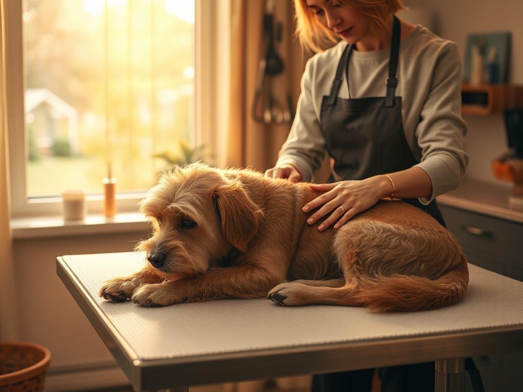 A serene setting featuring an elderly dog comfortably lying on a grooming table. The groomer, a professional with a gentle demeanor, is carefully brushing the dog's fur. Soft golden lighting bathes the scene, creating a warm atmosphere. In the background, there are tools of the trade neatly arranged, and a peaceful garden can be seen through the window, enhancing the cozy ambiance.
