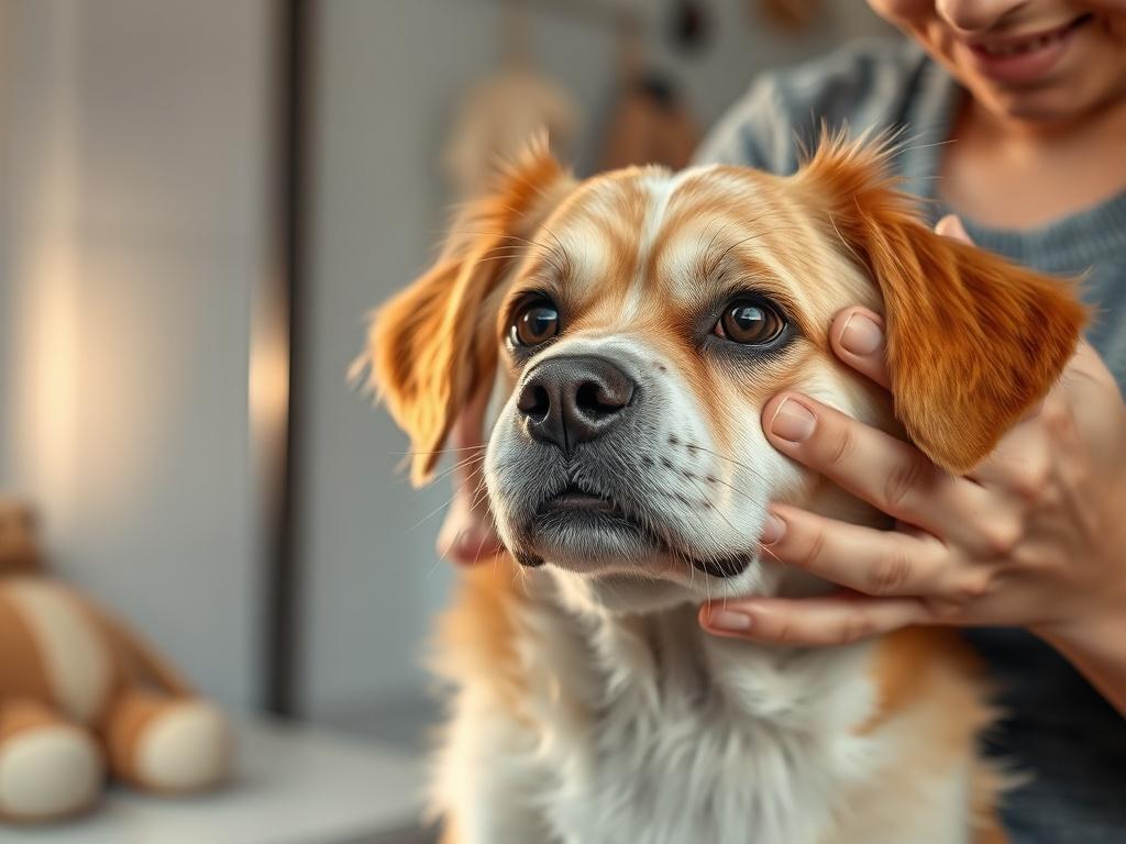 A close-up of a nervous dog being gently reassured by a groomer during a grooming session. The groomer's calm expression and soothing touch create a sense of comfort for the anxious pet. Soft lighting highlights the dog's eyes, reflecting trust and relaxation. The background features calming colors and a few plush toys, creating an inviting and safe environment for the pet.