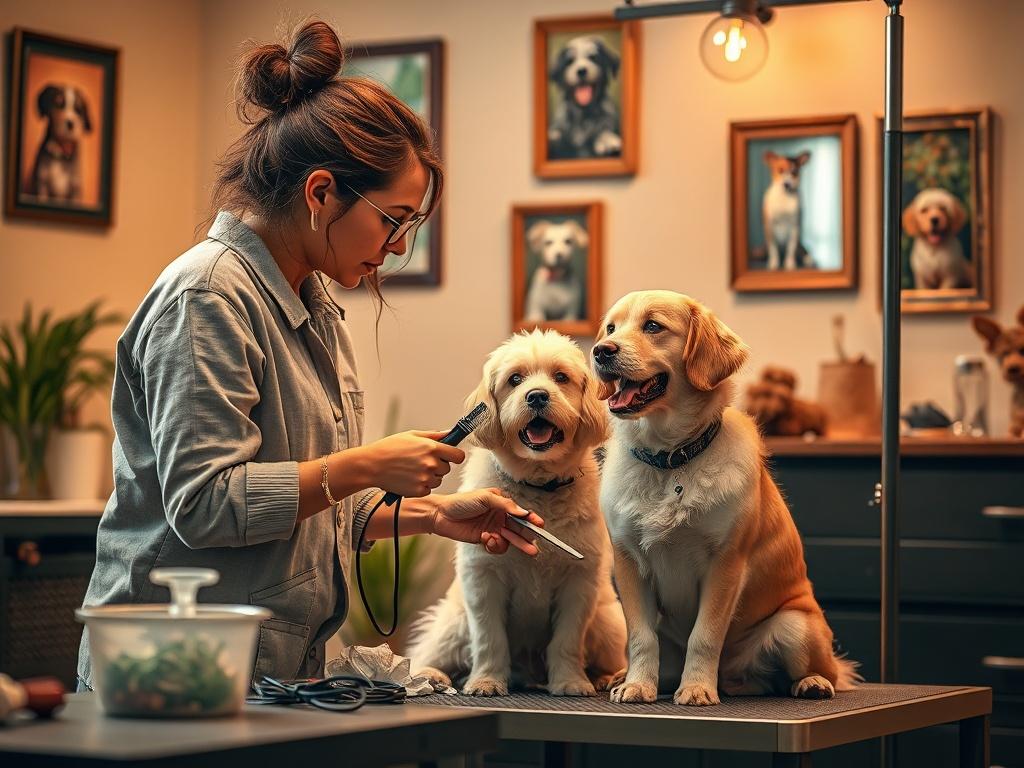 A warm scene capturing a groomer interacting with a dog owner discussing grooming preferences. The groomer is showing a selection of grooming tools while the dog sits happily beside them. The setting is cozy, filled with soft hues of gold and green, emphasizing the personal touch of home-based grooming. A few framed photos of happy pets adorn the wall, symbolizing the love and care provided in each session.