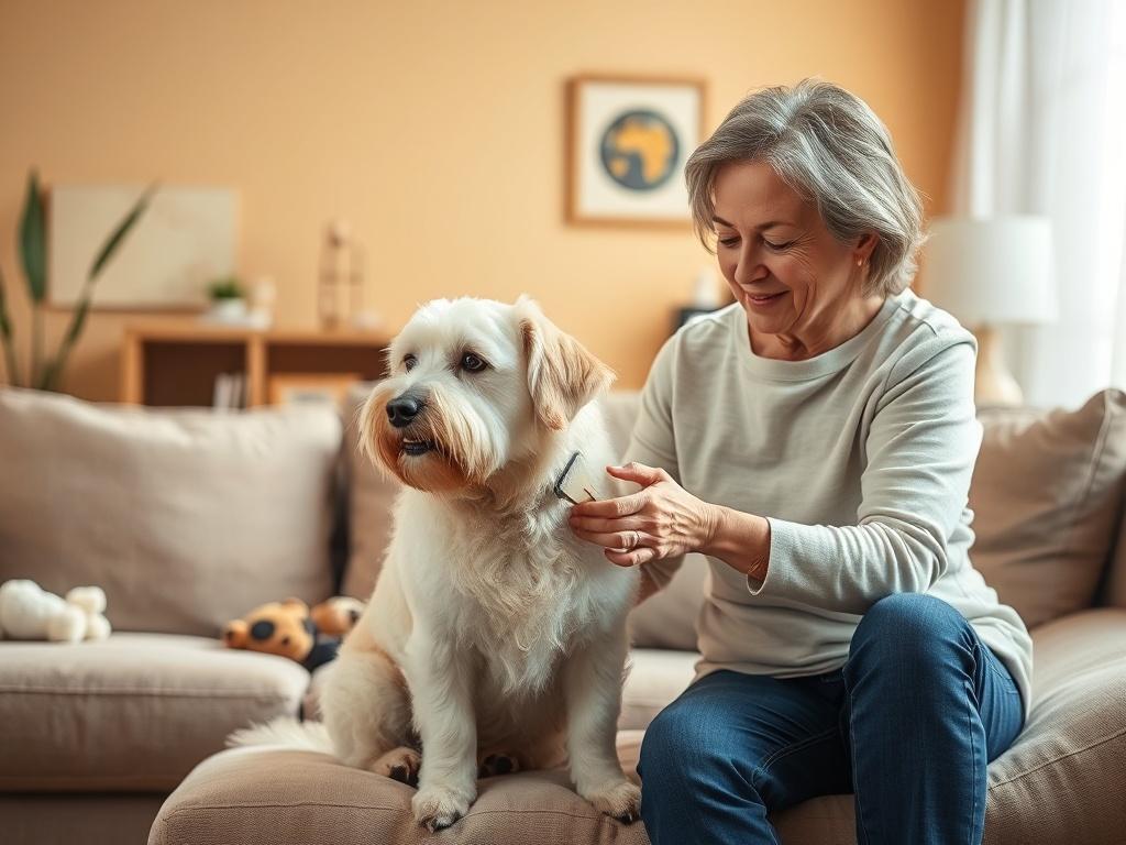 A serene and cozy living room with soft lighting, featuring a gentle dog being groomed by a caring groomer. The groomer, a middle-aged person with a warm smile, uses a soft brush on the dog's fur. The background includes a comfy couch with pet toys scattered around, warm-colored walls, and a peaceful atmosphere. The overall setting conveys comfort and safety, with a focus on the bond between the pet and the groomer.