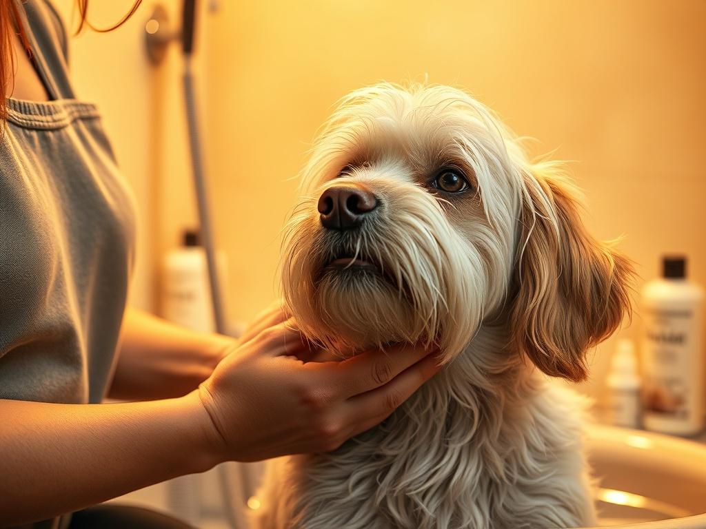 A close-up of a senior dog receiving a gentle wash during a grooming session. The groomer is using a soft cloth and warm water, ensuring the dog is comfortable and relaxed. The setting is a cozy bathroom with soft golden lighting, promoting a peaceful grooming experience. In the background, there are dog grooming products arranged neatly, emphasizing the care taken in grooming elderly pets.