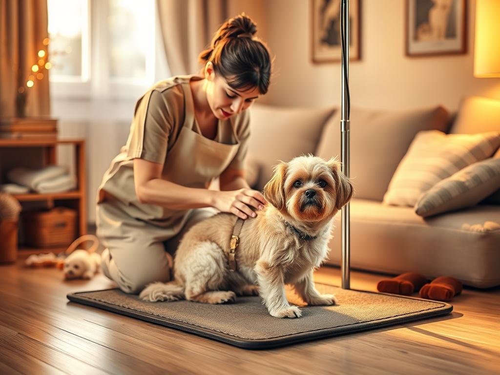 A serene scene showcasing a dog grooming session at home, featuring a gentle groomer working with an anxious small dog on a cozy mat. The room is bathed in soft, golden hues, with warm lighting creating a calming atmosphere. The groomer is using gentle techniques, ensuring the dog feels safe and relaxed. In the background, there are soft cushions and a few pet toys, adding to the comforting ambiance.
