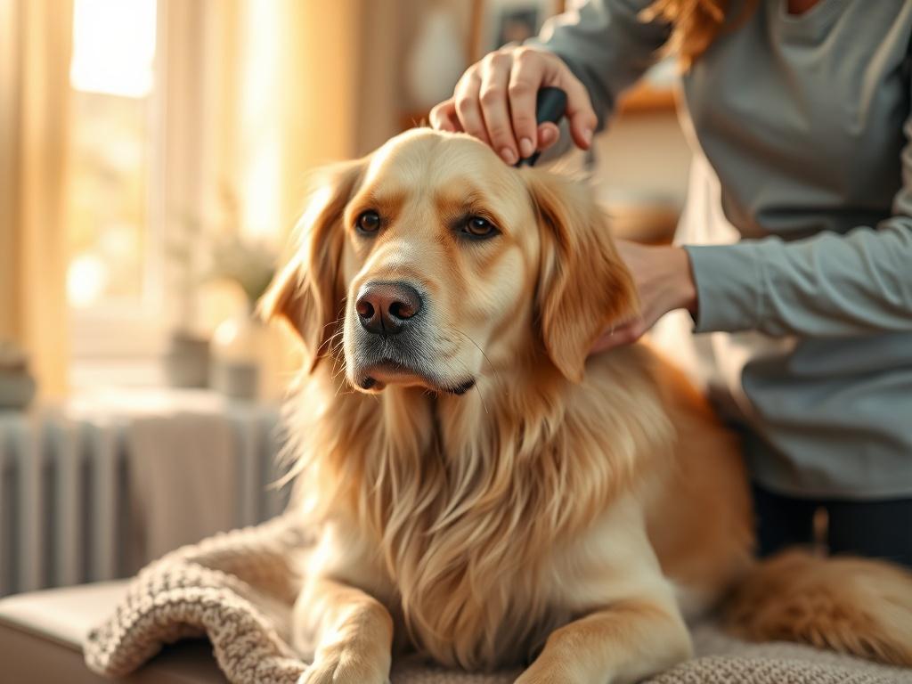 An elderly golden retriever being groomed in a calm, home environment. The groomer is using a soft brush, focused on the dog's comfort and well-being. The room is well-lit with warm, golden tones, creating a cozy atmosphere. There are gentle touches, like a blanket underneath the dog and a few calming decorations in the background, emphasizing the focus on providing a soothing experience for senior pets.