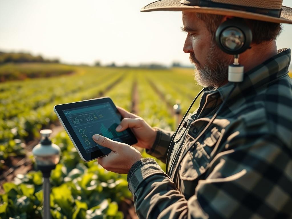 A farmer in a field with advanced monitoring systems in