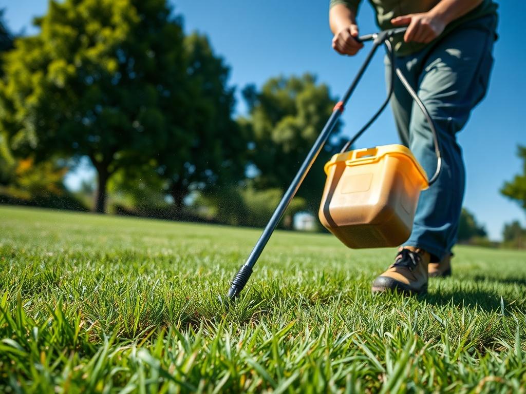 A close-up shot of a lawn care technician applying fertilizer to a lush green lawn, with trees and a clear blue sky in the background, shot with a 45mm f/1.2 lens style.