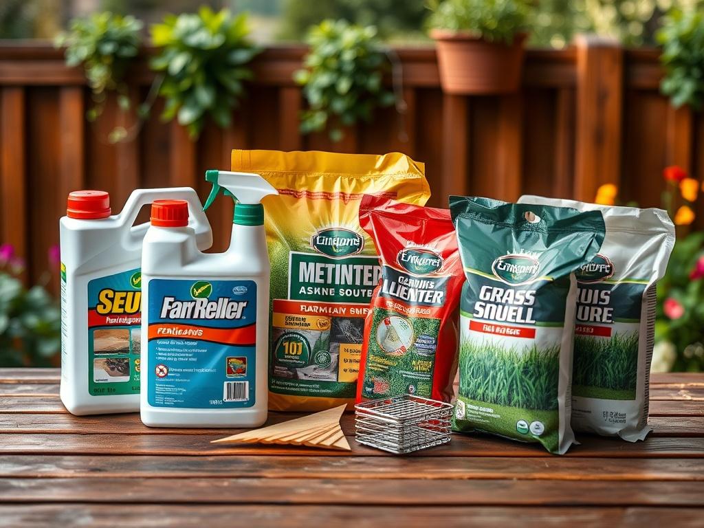 A close-up shot of a lawn maintenance kit, including fertilizer, weed killer, and grass seed bags, arranged aesthetically on a wooden garden table, shot with a 45mm f/1.2 lens style.