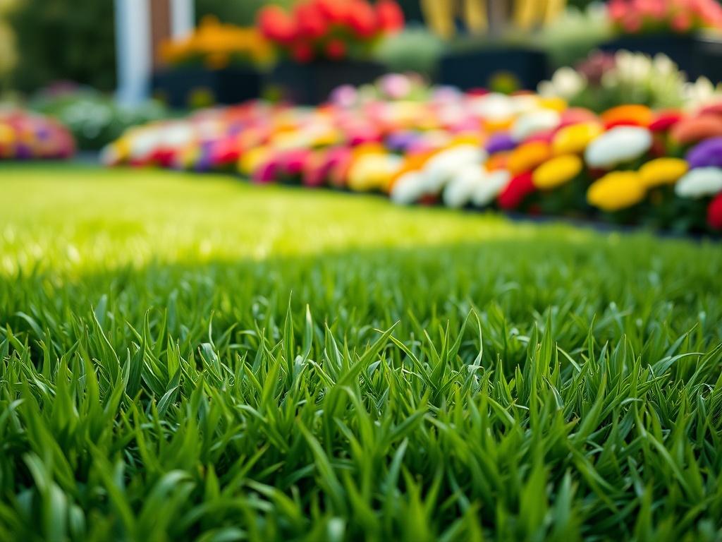A close-up shot of a vibrant green lawn with neatly trimmed grass and colorful flower beds in the background, shot with a 45mm f/1.2 lens style.