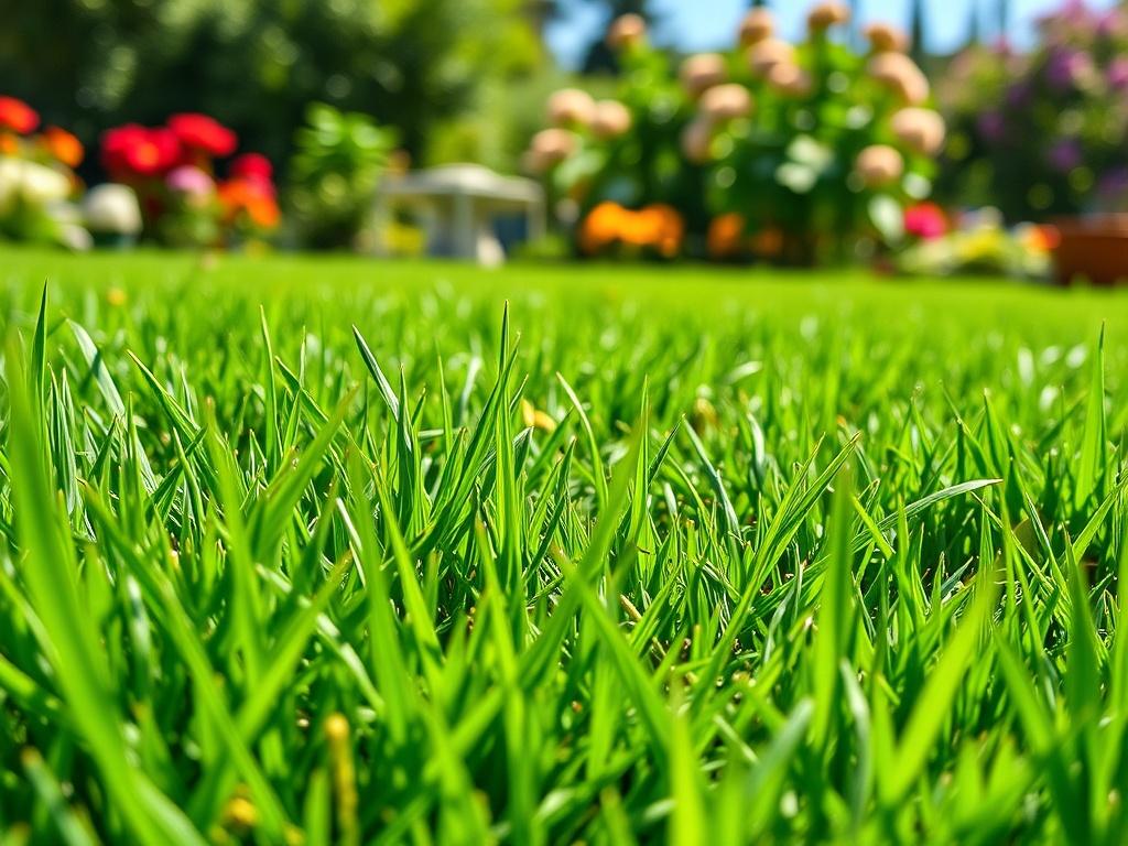 A lush green lawn with vibrant grass, close-up shot capturing the texture and richness of the grass blades. The background includes a garden setting with soft-focus flowers and shrubs, enhancing the beauty of the lawn. The image should reflect a sunny day, emphasizing the healthy appearance of the lawn. Shot with a 45mm f/1.2 lens style.
