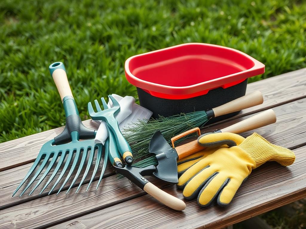 A neatly arranged Lawn Care Essentials Kit displayed on a wooden table. The kit includes tools like a rake, spreader, and gloves, with a background of freshly cut grass. The image captures the essence of gardening care and preparation, showcasing the tools in an appealing manner. Shot with a 45mm f/1.2 lens style.