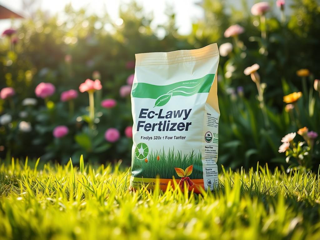 A bag of eco-friendly lawn fertilizer against a backdrop of a flourishing garden. The image focuses on the bag design with vibrant colors, while the background showcases healthy grass and blooming flowers. Soft natural light illuminates the scene, creating an inviting atmosphere. Shot with a 45mm f/1.2 lens style.
