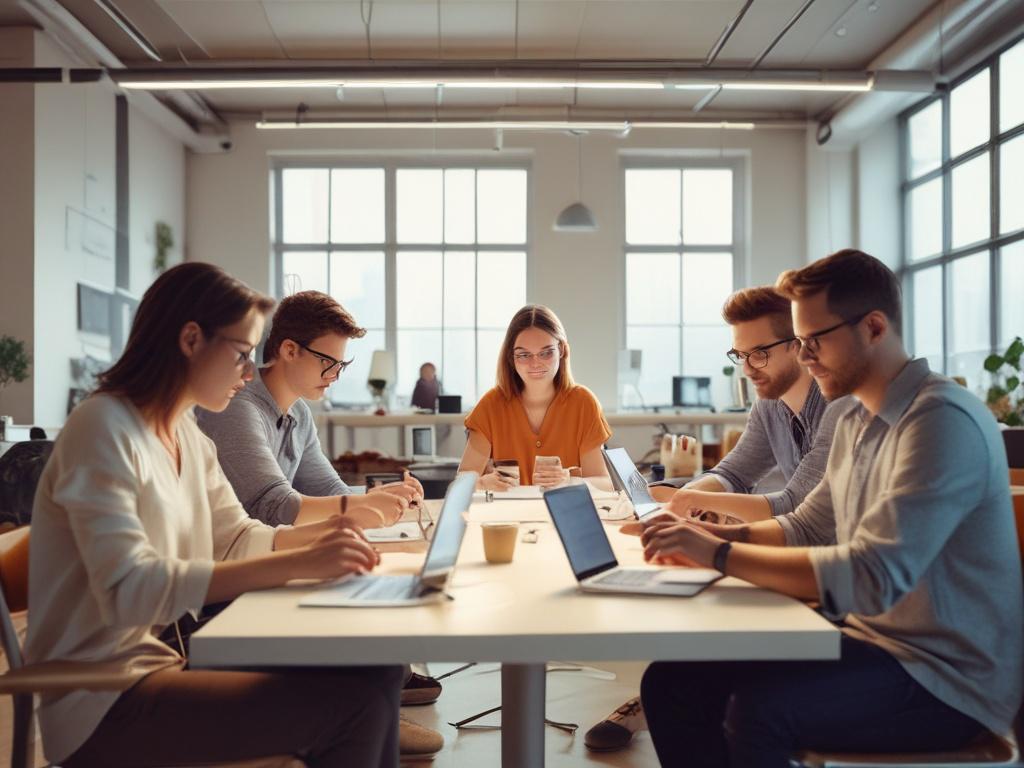 An inspiring technology workshop scene, with diverse individuals brainstorming and