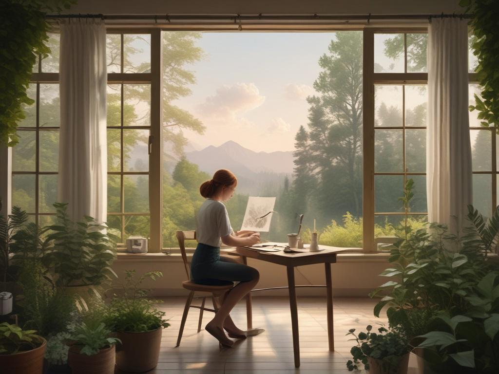 A serene and peaceful art workshop setting, showcasing an artist