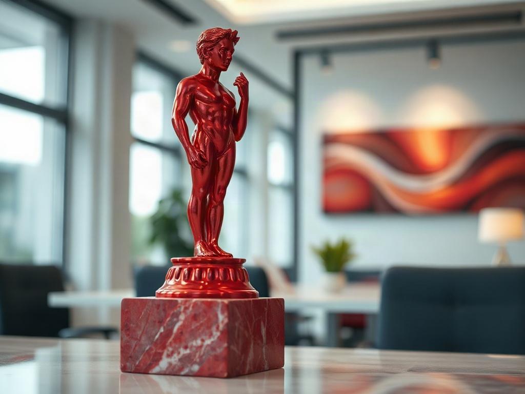 A high-resolution image of a distinguished award statue, carefully positioned on a marble base. The background features a softly lit office space, projecting a sense of professionalism and achievement. The trophy's polished surface catches the light, accentuating its elegance. The primary red color can be subtly reflected in elements of the background.