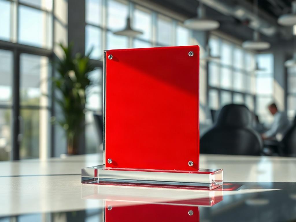 A close-up image of a modern award plaque with a sleek design, resting on a glass table. The background features a soft-focus office environment, embodying a professional and innovative atmosphere. Natural light illuminates the plaque, emphasizing its craftsmanship and the essence of innovation. The primary red color is subtly incorporated into the setting.