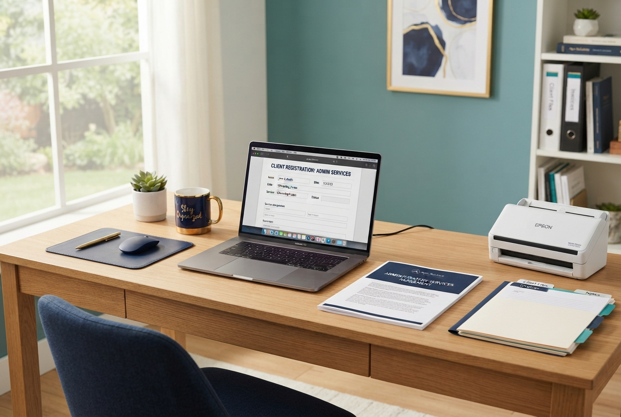Organized desk with documents, a scanner, and a laptop showing a completed online form