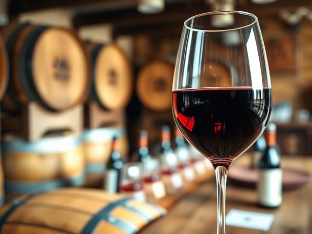 A cozy winery setting with a close-up shot of a wine glass filled with red wine, reflecting soft natural light. In the background, blurred out, are wooden barrels and a rustic tasting table adorned with wine bottles. The atmosphere is warm and inviting, evoking a sense of relaxation and enjoyment.