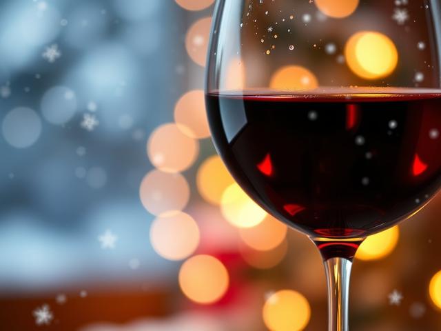 A close-up shot of a wine glass filled with red wine, set against a softly lit winter background. Snowflakes gently fall in the background, creating a cozy, festive atmosphere. The focus is on the wine glass, showcasing the rich color and reflections, while the background features blurred, twinkling lights to evoke a warm, inviting ambiance.