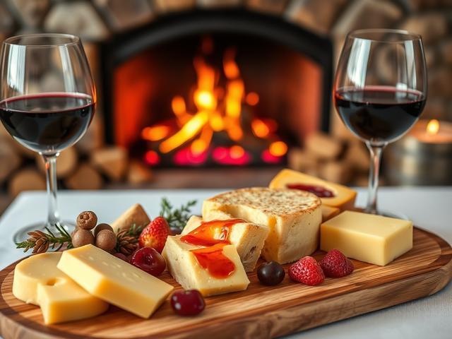 A close-up shot of a beautifully arranged cheese platter featuring melting raclette, paired with glasses of red wine. The setting is warm and inviting with cozy fireplace in the background and soft, romantic lighting, capturing the essence of a Valentine's Day celebration at a winery.