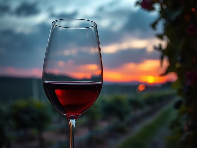 A close-up shot of a wine glass filled with red wine, set against the backdrop of a sunset over a vineyard. The focus should be on the wine glass, capturing the light reflecting off the wine, with soft bokeh of the vineyard in the background. The colors should complement the #DECCC0 primary color, creating a warm, inviting atmosphere.