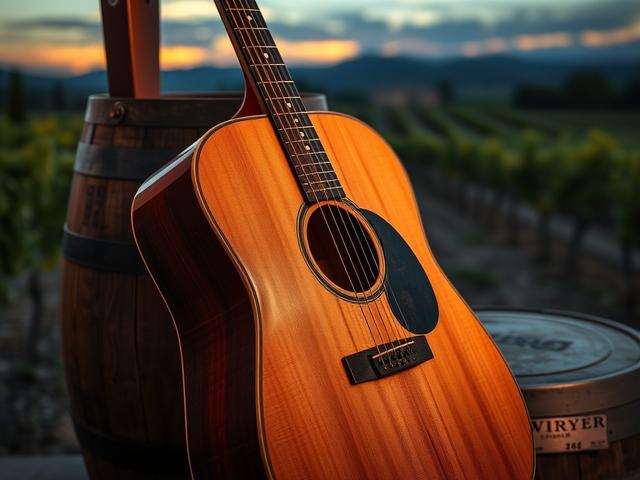 A close-up shot of an acoustic guitar resting against a wine barrel at Bonobo Winery, with soft lighting creating a cozy ambiance. The background features blurred vineyard rows and a sunset sky, enhancing the inviting atmosphere of a live music event.