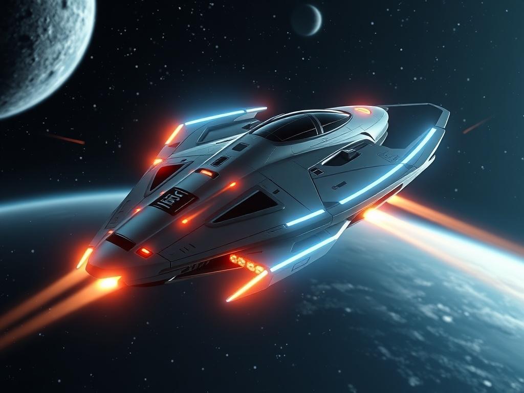 A futuristic spacecraft powered by quantum resonance propulsion technology, soaring