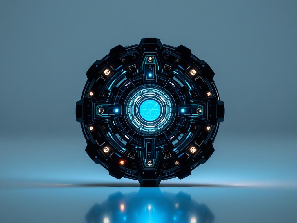 Create a realistic high-resolution photo featuring a single, intricately designed quantum resonance device. The device should showcase a sleek, futuristic aesthetic, incorporating elements like glowing circuits, metallic textures, and crystal-like structures to symbolize advanced technology. Place the device against a clean, minimalist background that subtly suggests a high-tech laboratory setting, with soft, diffused lighting to emphasize the intricate details and reflections on the device's surface.

The 