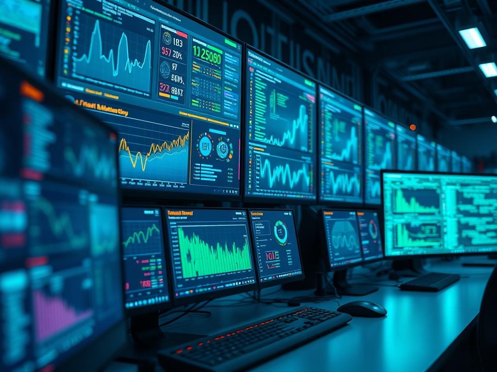 A detailed close-up of an advanced quantum computing workstation, showcasing multiple screens with live data and analytics. The setting should feature an environment rich in technology, with ambient lighting that complements the primary color rgb(193, 153, 87), presenting an atmosphere of cutting-edge innovation.