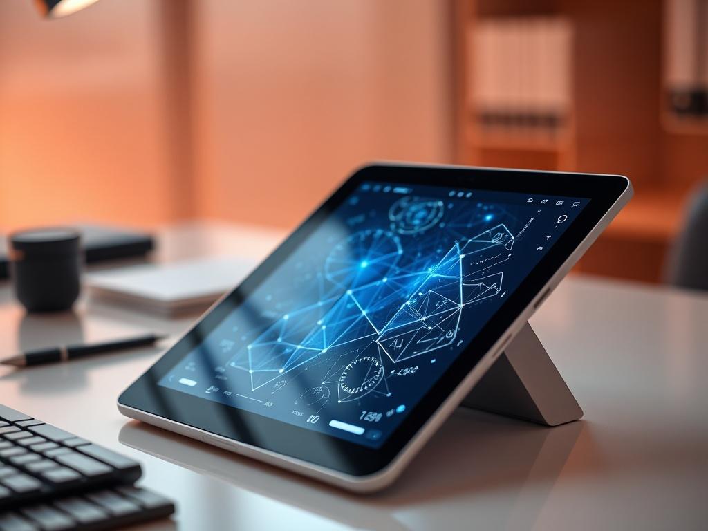A hyper-realistic close-up of a sophisticated digital tablet showing intricate quantum algorithms in action. The device should be set on a clean, minimalist desk, with a background that softly fades into the warm tones of rgb(193, 153, 87), capturing a professional yet innovative atmosphere.