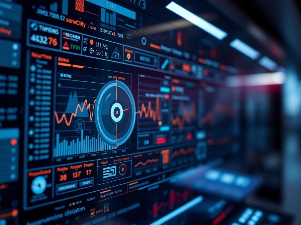 A close-up shot of a high-tech simulation interface displaying complex data and visuals, emphasizing its advanced capabilities. The background should be abstract yet modern, reflecting innovation and technology. The image should harmonize with the primary color rgb(193, 153, 87) to create a cohesive look.
