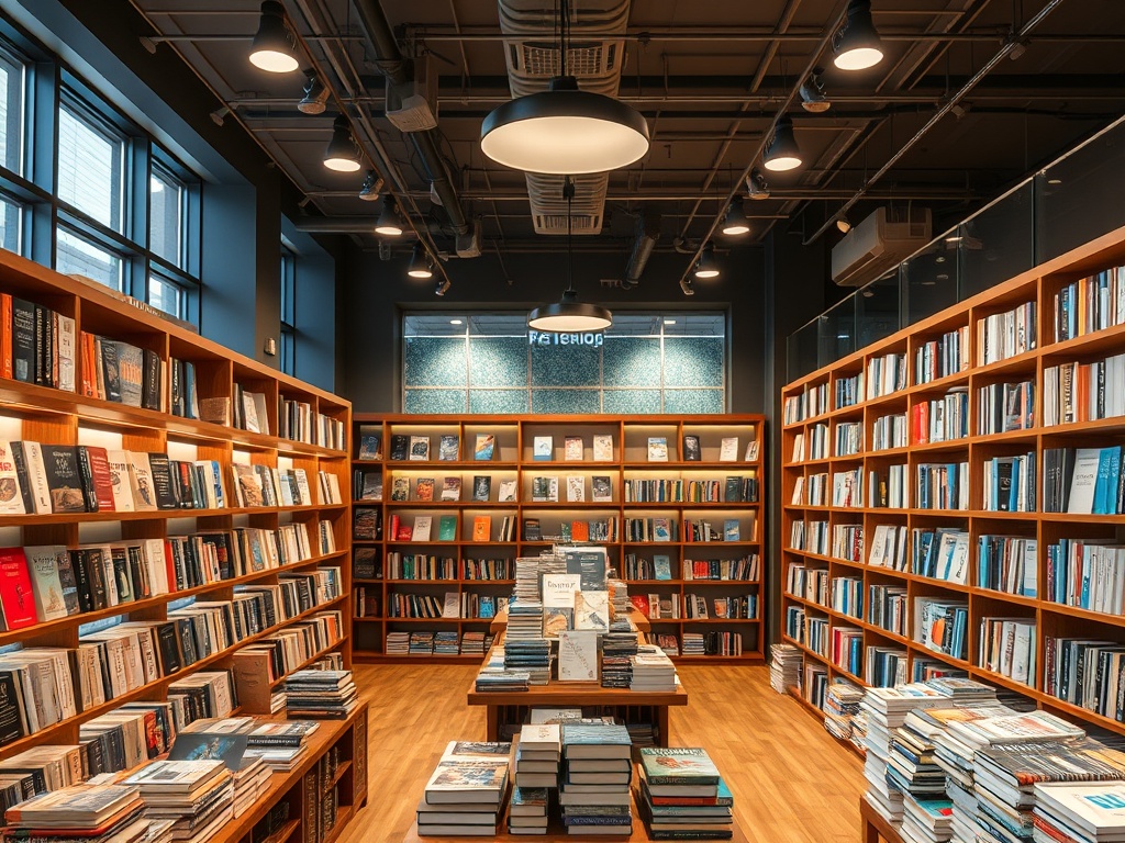 Modern bookstore with shelves of books and cozy reading spaces