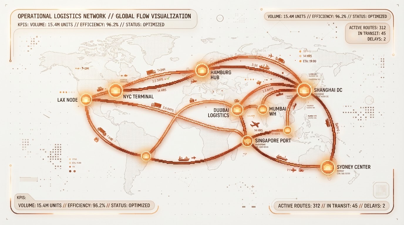 Pixel-bloom data composition showing logistics network with route segments, warehouse nodes, and status indicators