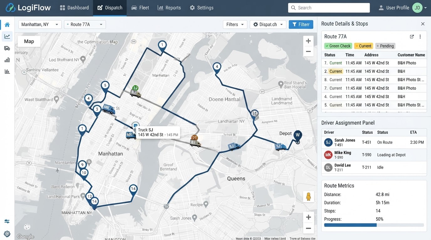 Dispatch management interface with route optimization and vehicle tracking