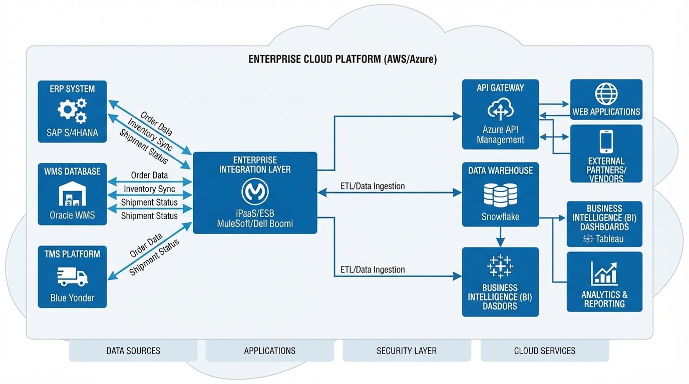 Enterprise system architecture diagram showing ERP, WMS, and TMS integration