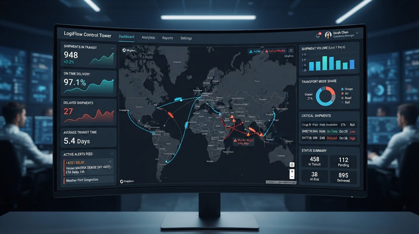 Logistics control tower dashboard showing real-time tracking and metrics