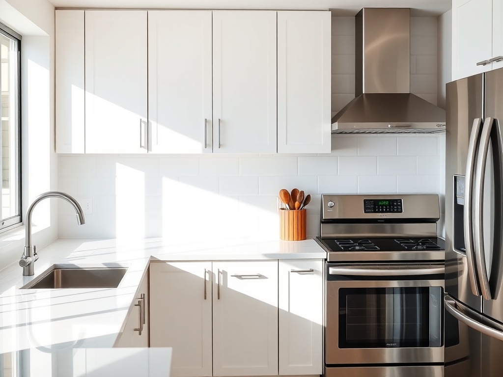 Clean modern kitchen with sparkling countertops and stainless steel appliances