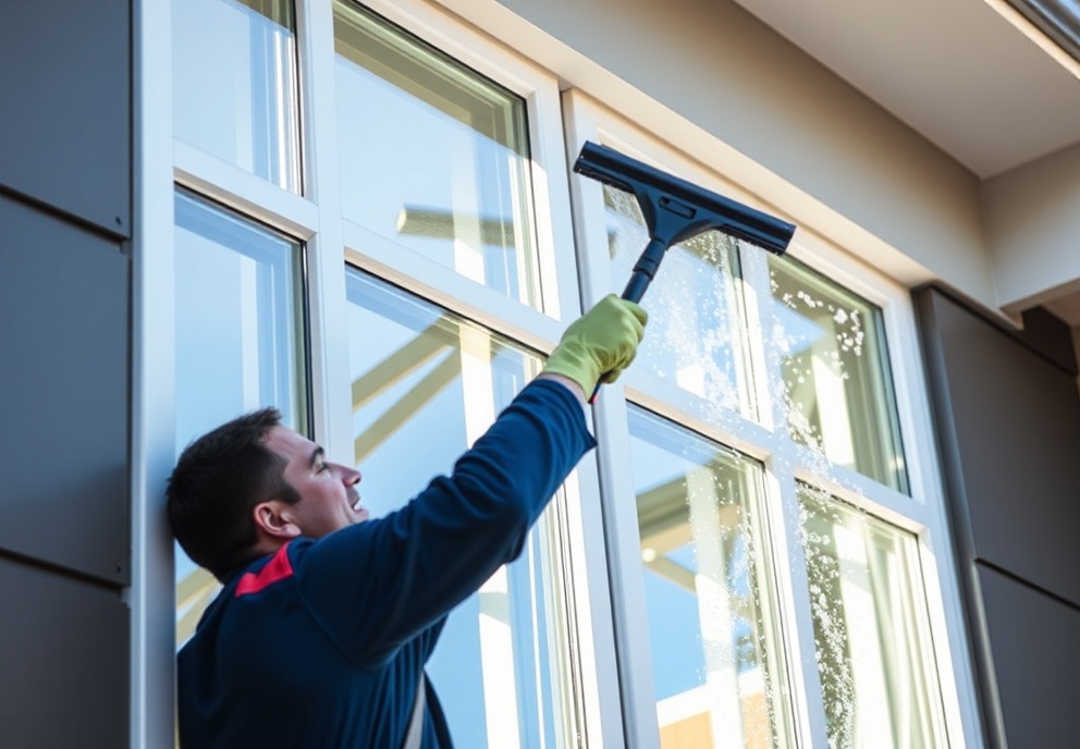 Professional window cleaner cleaning sparkling clean windows