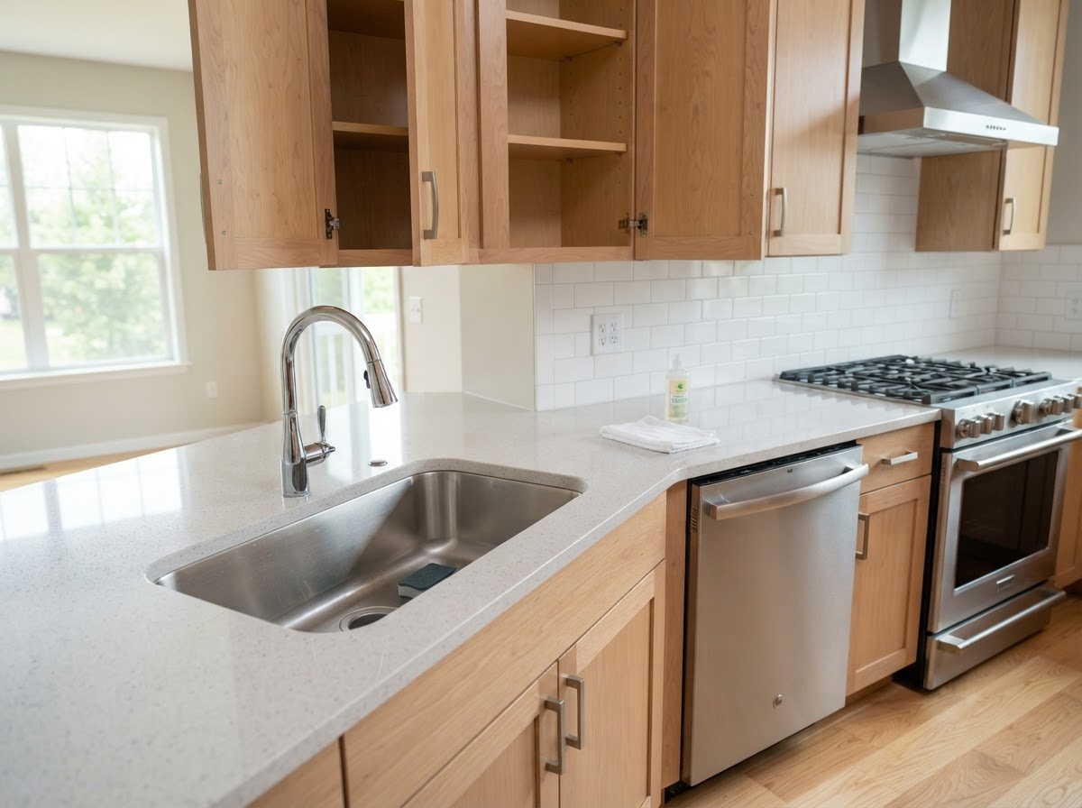 Professional detailed move-out cleaning - clean kitchen with open cabinets showing sparkling interiors