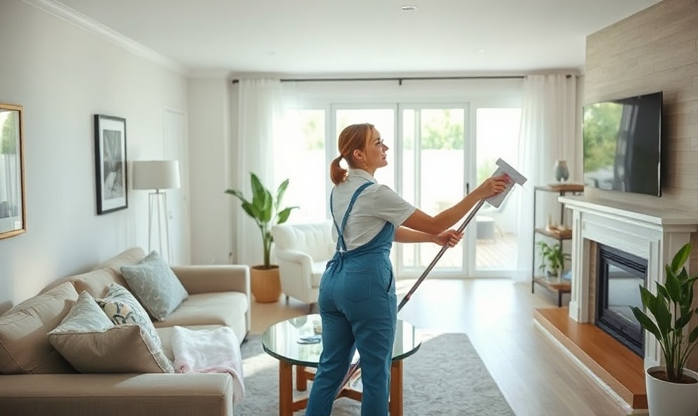 Professional cleaner organizing and cleaning a modern residential living room