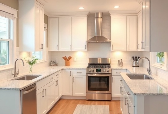 Clean modern kitchen with sparkling countertops and stainless steel appliances
