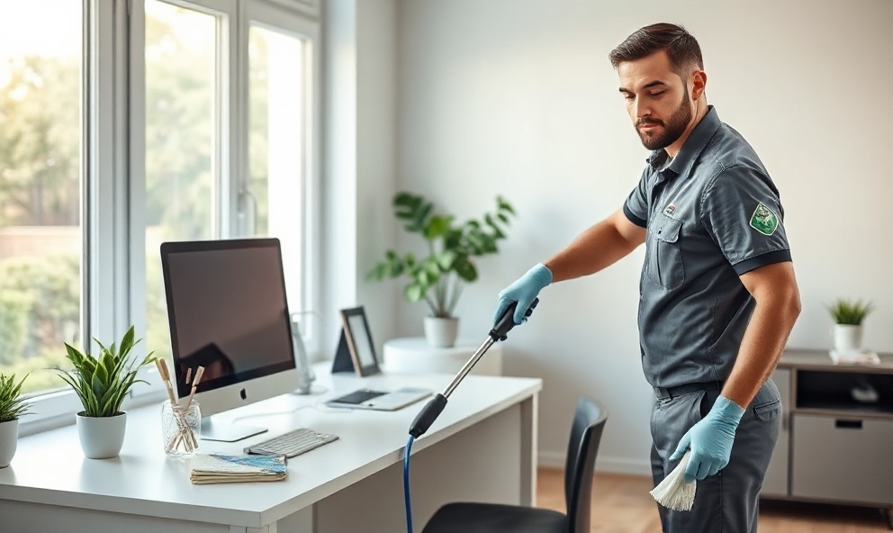 Professional cleaner cleaning a modern office workspace