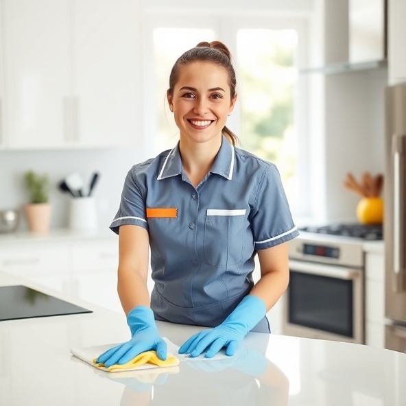 Professional cleaner smiling while cleaning a kitchen