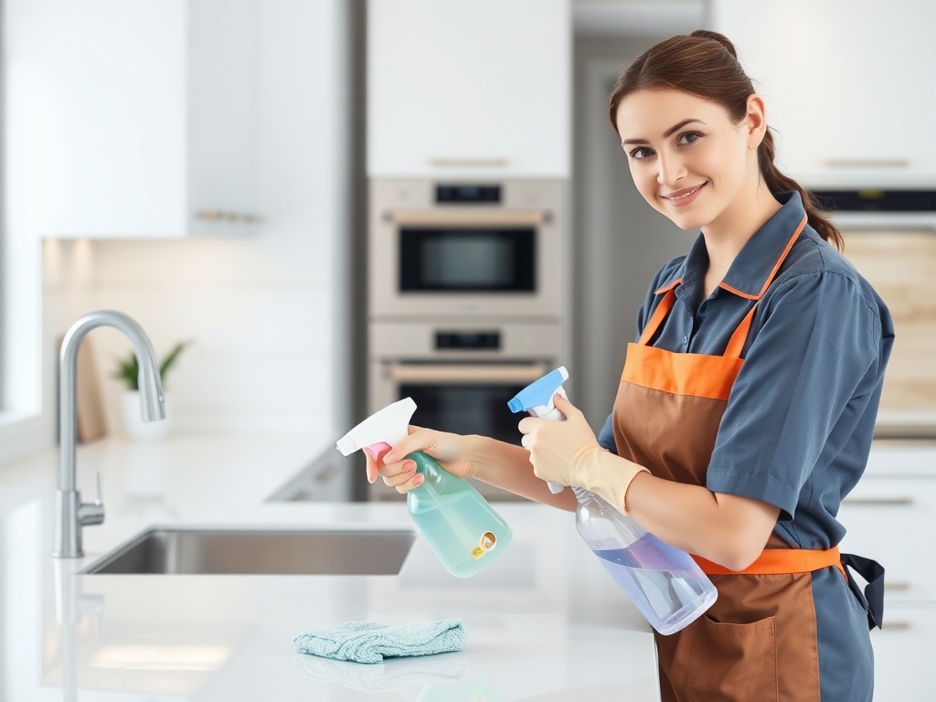 Professional cleaner carefully cleaning kitchen with spray bottle and cloth